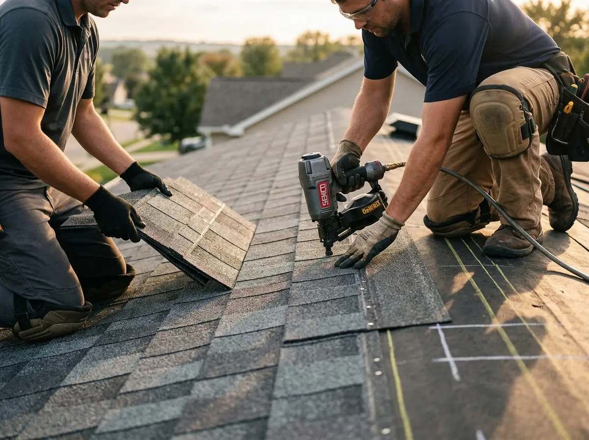 Professional roofer working on a residential roof in Pilot Point